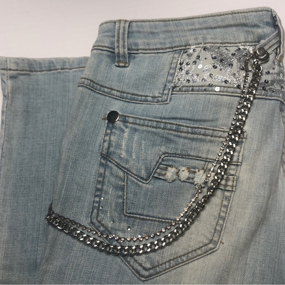 CACHE Bootcut Jeans with Beading & Chain Detail, Light Blue, Size: 4, EUC PM-33